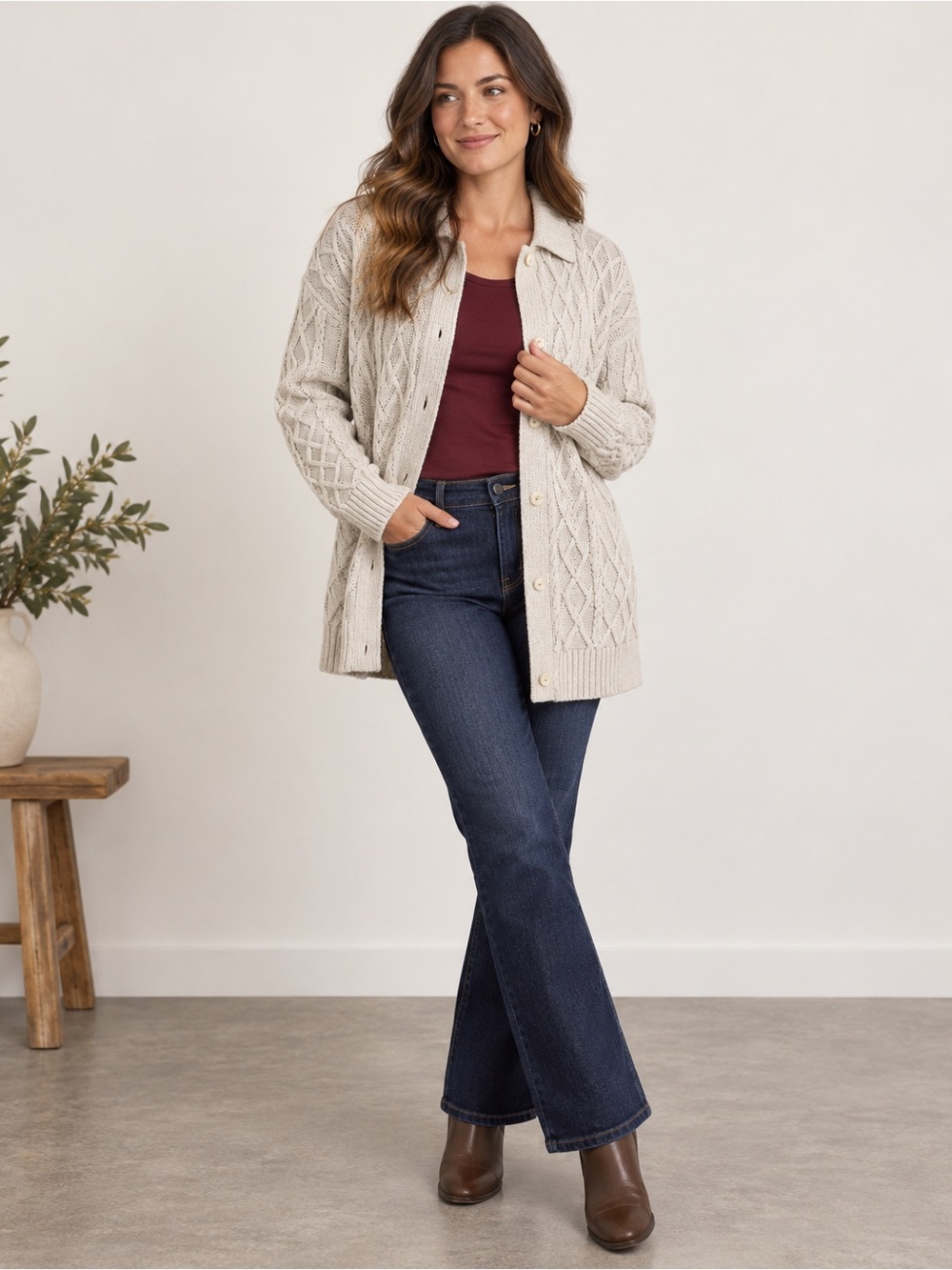 J.Jill XL Petite Cream Cable Knit Button Front Long Cardigan Sweater